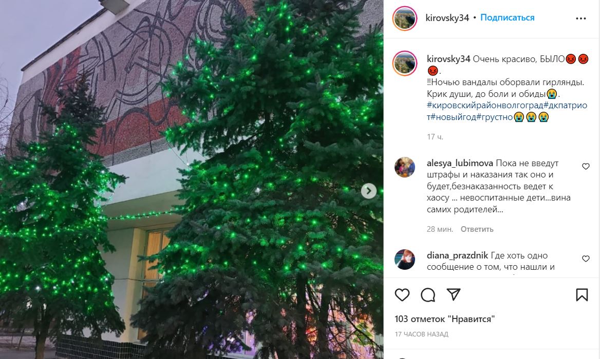 В Волгограде кировские вандалы оборвали гирлянду на новогодней елке